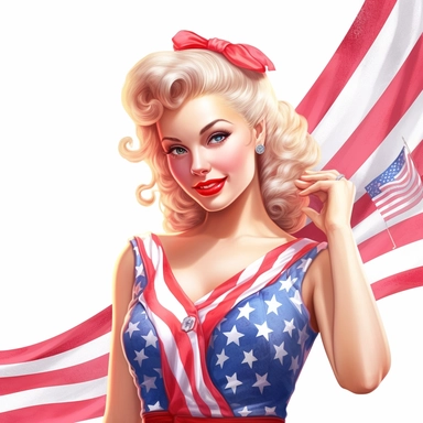Beautiful pretty pin up woman, makeup and hair 50's style, blonde hair, diferent poses celebrating the 4th of july, paint art style, different poses, detail, clipart, white background, superrealistic, one of a kind