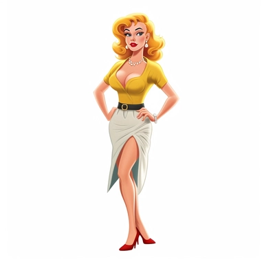 full-body-perspective, 2D thick-lined disney clipart illustration of a blonde-bombshell movie star like the character of Ginger Grant from Gilligan's Island