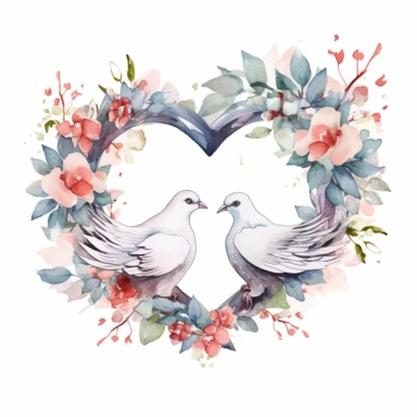 watercolor clipart of wedding doves kissing inside a floral heart wreath, colored ink illustration, good composition, vector, contour, isolated white background, 26k