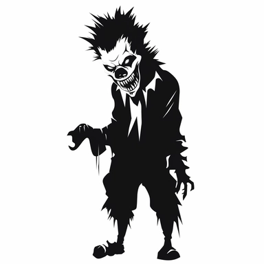 black and white silhouette of a terrifying cartoon halloween clown with sharp teeth, full body side view, clipart style, white background, thick lines, vector, simple design, flat colour, solid colour, halloweencore