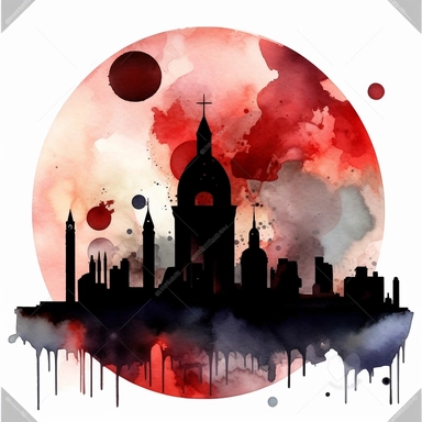 clipart style, watercolor scene of A dreamlike depiction of the Lunar Eclipse in its penumbral phase, with a subtle shadow partially covering the moon. Silhouettes of iconic landmarks, such as a city skyline or a majestic lighthouse, add a touch of familiarity and scale to the celestial event, HD, on white background