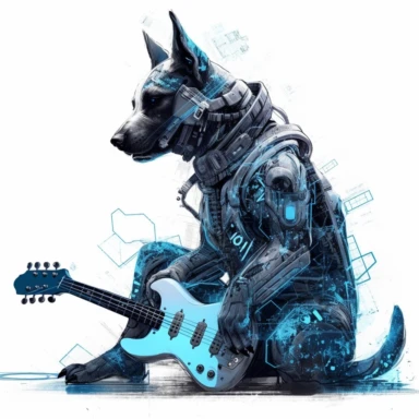 Black and white painting with splashes of blue neon of cyberpunk anime mean dog playing guitar with mechanical body, unreal engine 5 details, white background, cricut, cuttable, clipart