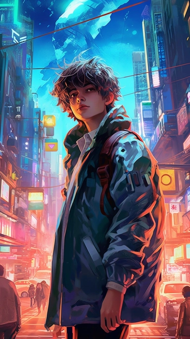 beautiful stunning pretty vintage cyberpunk anime boy, paint art style, clipart, city landscape background, superrealistic, one of a kind