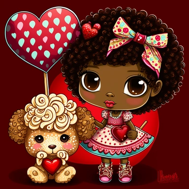 frican american , valentine, chibi, kawaii, minis, extra long eyelashes, wide deep set brown eyes, sunkissed glowing skin, big wide eyes, grinning, with a big lollipop,valentine hearts, valentine candy, valentine daimonds, walking a goldendoodle puppy,intricate detail, clipart, digital art, painting, vivid, concept,