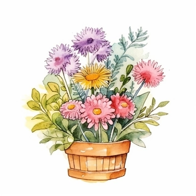Create a heartwarming hand-drawn watercolor clip art image of a family gift niche adorned with birth flowers representing a family of four. Customize the image by selecting birth flowers for each family member: a January baby (Carnation), an April baby (Daisy), a September baby (Aster), and a November baby (Chrysanthemum). Add a personalized touch by including the family's names or initials within the niche, making it a cherished memento for generations to come.