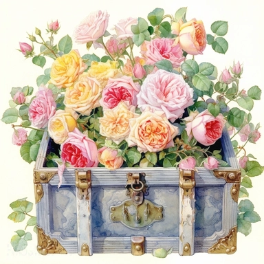 Empty open old pirate chest full of breathtaking english roses in pastel combo, by ann buccarelli ,watercolor, white background ,watercolour, insanely detailed, on white background, amazing colour combo, with detailed watercolor blooms of spring garden flowers white/ pink/ green, bec winnel, intricately textured, close up, walter Langley, lucy grossmith, heavy impasto technique, detailed shading, atmospheric watercolours, on white background clipart