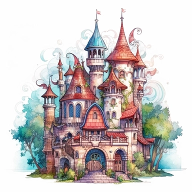 watercolor clipart of a fairytale magic castle, colored pencil drawing, isometric, whimsical, isolated white background, rendered in 26k