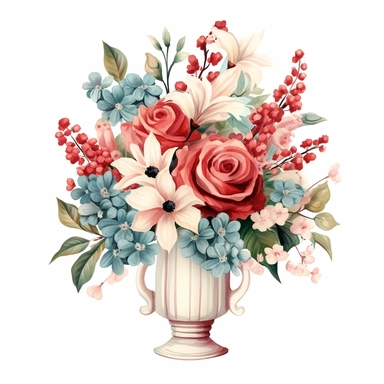 pastel red white blue color vintage wedding floral bouquet in a vase clipart