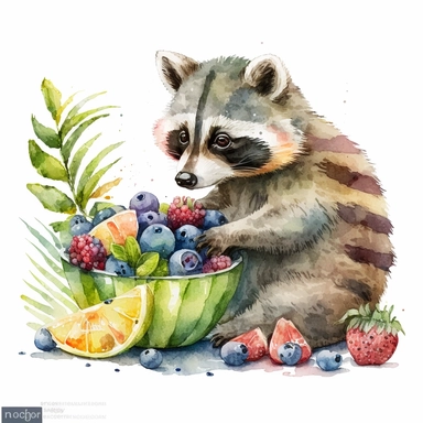 Watercolor clipart of cute racoon eating some exotic fruit, no text, white background