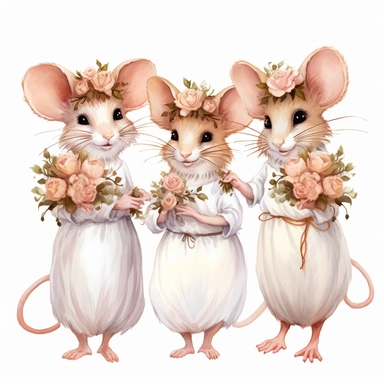 clipart of a mice bridesmaids in white dress, by martha morrison 0 12, in the style of fantasy characters, beatrix potter, magali villeneuve, playful character design, colorful costumes, clipart, white background, svg graphics