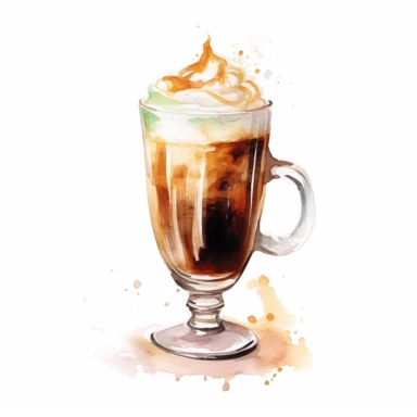 An Irish Coffee with a creamy top layer clipart, white background, watercolor sophisticated drawing