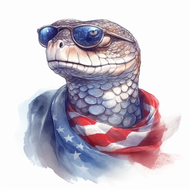 medium shot, low angle, watercolor style, Anaconda, wears American flag scarf and sunglasses, realistic animal illustrations, 2d game art, quadratura, clipart, on white background,