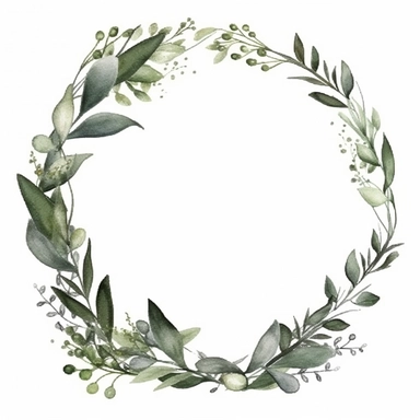 modern circular frame with greenery for wedding invitation, watercolor clipart, minimalist, isolated white background, 8k