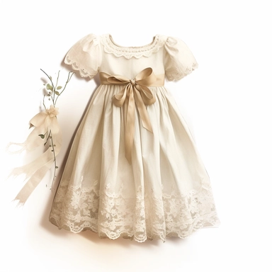 Clipart, vintage, baptism kid dress, hand painted, linen, with laces, beige, romantic, delicate