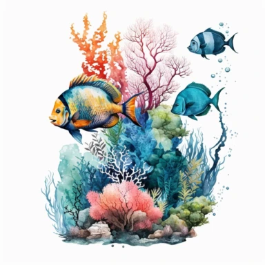 watercolor ocean coral reef with sea life and tropical fish clipart white backround