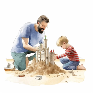 A father and son building a sandcastle on the beach, Watercolor, Clipart, detailed, high resolution, transparent background PNG