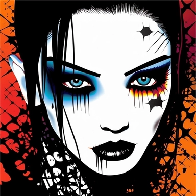 Illustrate a clipart image showcasing a goth woman color splash with radiant eyes that shine brightly. Use a rich and diverse color palette to enhance her appearance, and ensure the image is detailed and crisp. The background should be pure white