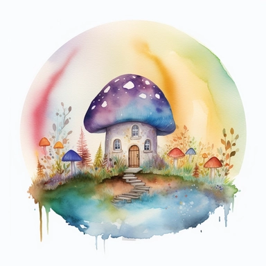 rainbow fantasy watercolour mushroom house in nature scene, inside a circle border, white background, clipart