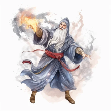 medieval bearded merlin magician creating a storm in the sky with bright energy around him watercolor clipart no fonts no words no letters