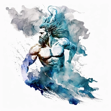Flying haired Poseidon siluette with watercolor effect, a sea storm,waves,clouds,lightnings,fantastic scene,suitable for digital cliparts,white background,antience greece style