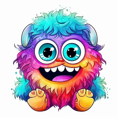 whimsical kawaii chibi fluffy colorful monster with big eyes, big teeth cartoon clipart on white background with margins, Psychedelic, watercolor, icon, sticker, vivid colors, full colors, and details, 32k, 3d