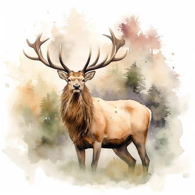 a stunning watercolor clipart image of a majestic elk in its natural wildlife habitat by Ghibli Studio style. Capture its grace and beauty amidst the serene surroundings. Let the flowing watercolor strokes bring the scene to life, showcasing the essence of nature's splendor