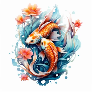 Fantasy mystical Koi Fishes Clipart, Watercolor Cartoon, hyper realistic, intricate detail, illustration style, high resolution, on the white background