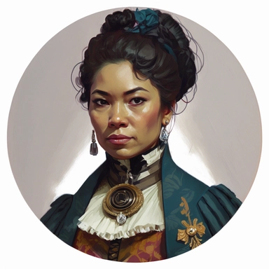 regency female Asian Amerindian noble guild merchant politician, Josh Kirby Mad Max Lord of the Rings, handpainted enamel punk zine indie retrowave, clipart illustration character portrait, circle white background