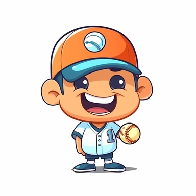 fantasy happy cute baseball player mamal face, cartoon, clipart, mascot, isolated on white background