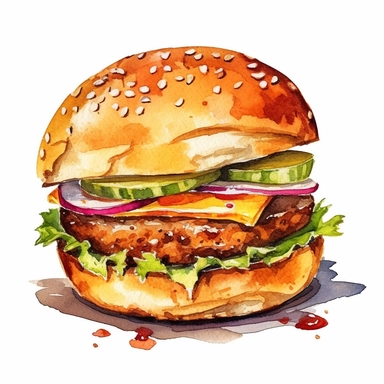 A Burger clipart in cartoon style with simples shapes, water color style, watercolor illustrations, white background, transparent background, UHD, clean and elegant, watercolor illustration clipart, watercolor clipart, i can't believe how beautiful this is