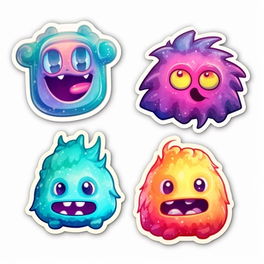 3 stickers with white background and border, emoji clipart as cute monsters, seemless pattern, high res, iridescent, some bioluminescent