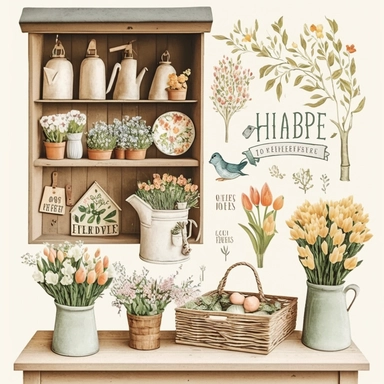 Spring Décor Country kitchen simple naive watercolor collage illustration, Watercolor Clipart cottagecore, Romantic illustration of watercolor style, vintage Shabby ch color scheme light vintage colors watercolor illustration on a white background