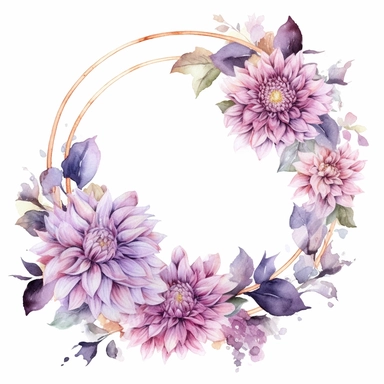 a circle floral frames made with Soft Purple and Pastel Purple Dahlia flowers, wet on dry watercolour style, antique look, clipart, white background