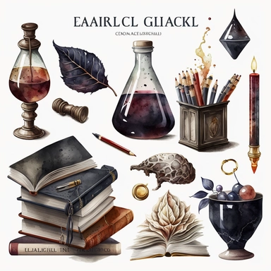 Dark academic collection, white background, watercolor, hyperrealism, high detail, separate elements, set, clipart