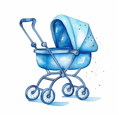 clipart kawaii blue baby carriage, watercolor, simple, white background