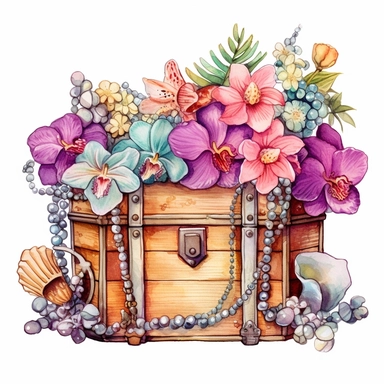 clipart, isolated on white background, Watercolor spring ornated treasure chest with jewelry on the beach, detailed, flowers, ornated, pastel colors