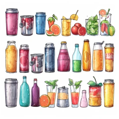 watercolor, Cold drinks set. Soda water, sweet fizzy beverages, fruit cocktails, juices, and lemonades in glass and plastic bottles, aluminum cans, and tins. png Full body realistic cartoon in 32K UHD cute. 15 cm thick outline. Black color. There was no shadow on the ground. 8k with realistic watercolors and detailed illustrations. PNG clipart, transparent white background