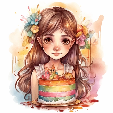 boho little girl next to cute rainbow birthday cake, big eyes, belle, Disney princess, beauty and the beast, very detailed and realistic, watercolor, clipart style