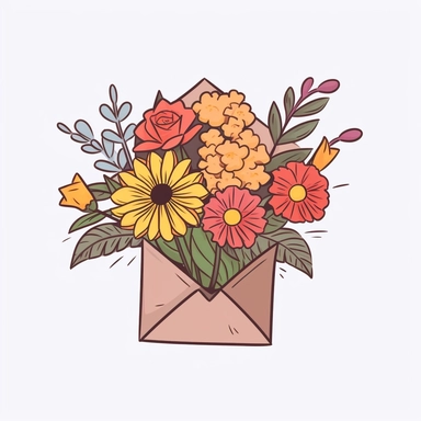 create a clipart cartoon featuring an open envelope with an aesthetic flower bouquet, minimalist, white background
