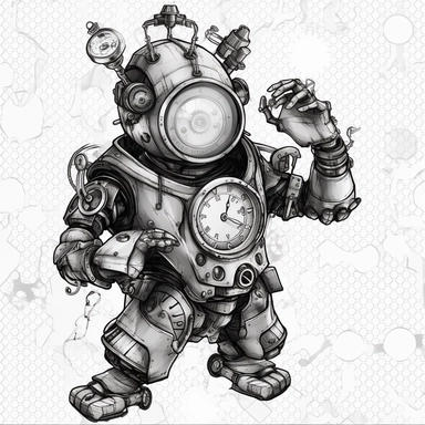 A curious steampunk robot examining a pocket watch, gears visible through its transparent chest cavity ,Steampunk, black and white color obly, black ink, transparent background png, clipart no captions