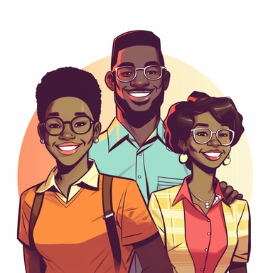 clip art of three seventh-day adventist christian african-american friends smiles, happy. two women, one man, lo-fi style
