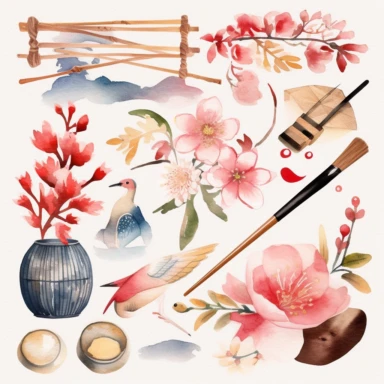 Create a set of watercolor cliparts featuring traditional elements of Japan. Each clipart should be created in a delicate and refined style with a soft and muted color palette. The elements can include sakura blossoms, bamboo, koi fish, and other traditional symbols. The artistic style is watercolor painting on paper, executed with a focus on evoking the timeless beauty and grace of Japanese culture,