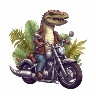 Create a clipart of a cute brachiosaurus in a leather jacket riding a vintage motorcycle. Strong and aggressive colors. Jungle trees before a White Background, soft lighting.