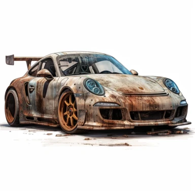 rusty porsche gt4 clipart, white background, 3d render, illustrated by Gaston Bussiere
