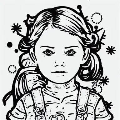 simple drawing, 1 , 1bit, 1 white steampunk little girl, 1 sticker art, 1 color by numbers, 1 coloring page for adults, 1 , printable outlined artwork, 1 coloring book page, 1, line art, 1 white backdrop, crisp lines, vector image, svg style, clipart style,