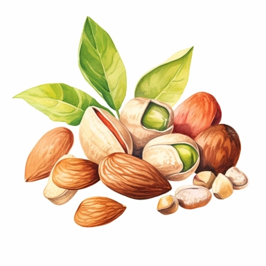 picturesque, simple, bright, the best simple mixed nuts, almond, cashew nut, pistachio, peanut, macadamia nut, in the world, clipart on white background, watercolor, painted by Beatrix Potter, 8k,