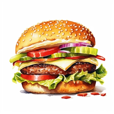 a watercolor, hyper-realistic clipart image with a white background and white margins, showcasing a classic cheeseburger with a juicy beef patty, melted cheese, lettuce, tomatoes, and pickles. The ultra-detailed, hand-drawn elements capture the textures and colors of the burger ingredients. Use bold shades of brown, green, and red to evoke the mouthwatering and indulgent nature of this fast food staple