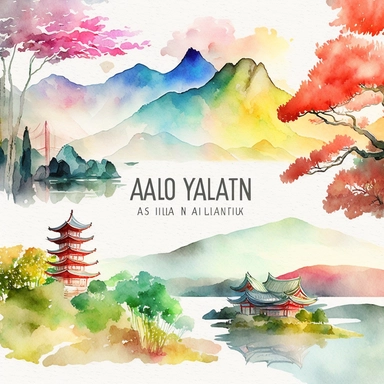 watercolor clipart colourful Asia landscapes, digital illustration, 8k, hd 1:3 v5