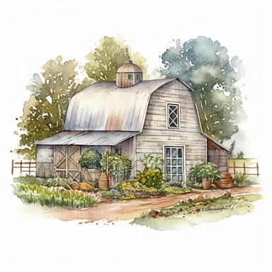 white Gambrel Roofed Barn, painted white, pretty white barn, farmyard with plants trees and farm accessories, detailed watercolor illustration, light color scheme, isolated on white background, white border, clipart