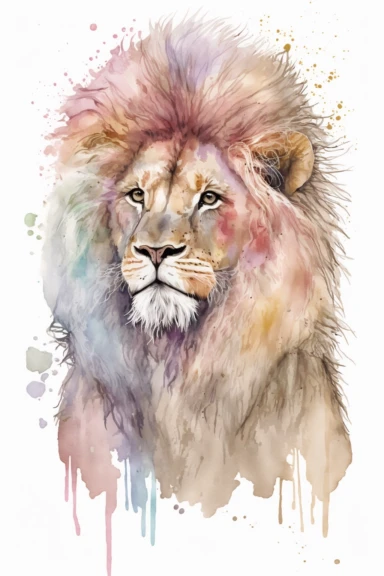 Watercolor cute lion clipart, outline, color pastel, high quality, aesthetic style, illustration isolated on white background